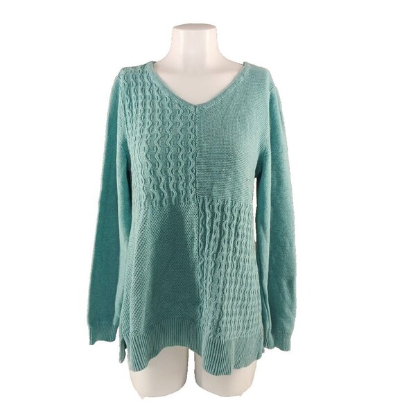 NWT KAREN SCOTT Textured Patchwork Sweater MEDIUM(8-10) Teal Aqua Cotton V-neck - Picture 1 of 12